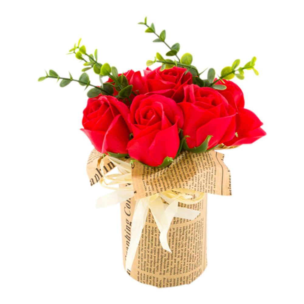 Sapone del Fiore Round Red Plastic Roses in Plastic Pot - 7 Blooms - 4" x 4" x 8 3/4" - 12 count box