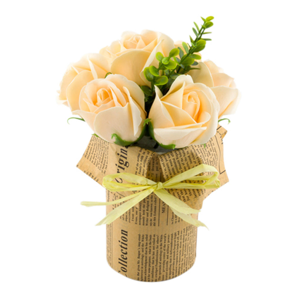 Sapone del Fiore Round Yellow Plastic Roses in Plastic Pot - 7 Blooms - 4" x 4" x 8 3/4" - 12 count box