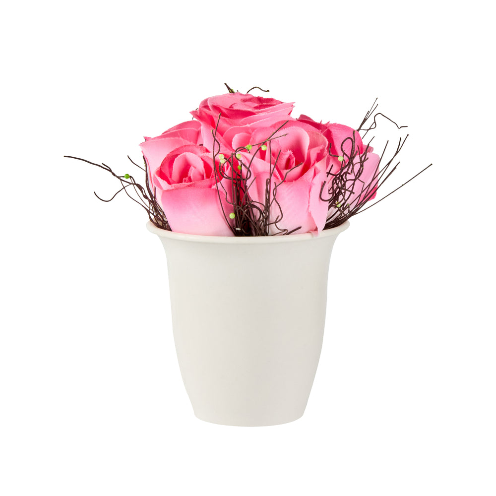 Fiore Pink Plastic Roses in Plastic Pot - 6 Blooms - 4" x 4" x 6" - 12 count box