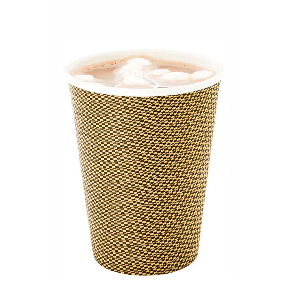 12 oz Mocha Pin Check Paper Coffee Cup - Spiral Wall - 3 1/2" x 3 1/2" x 4 1/4" - 500 count box