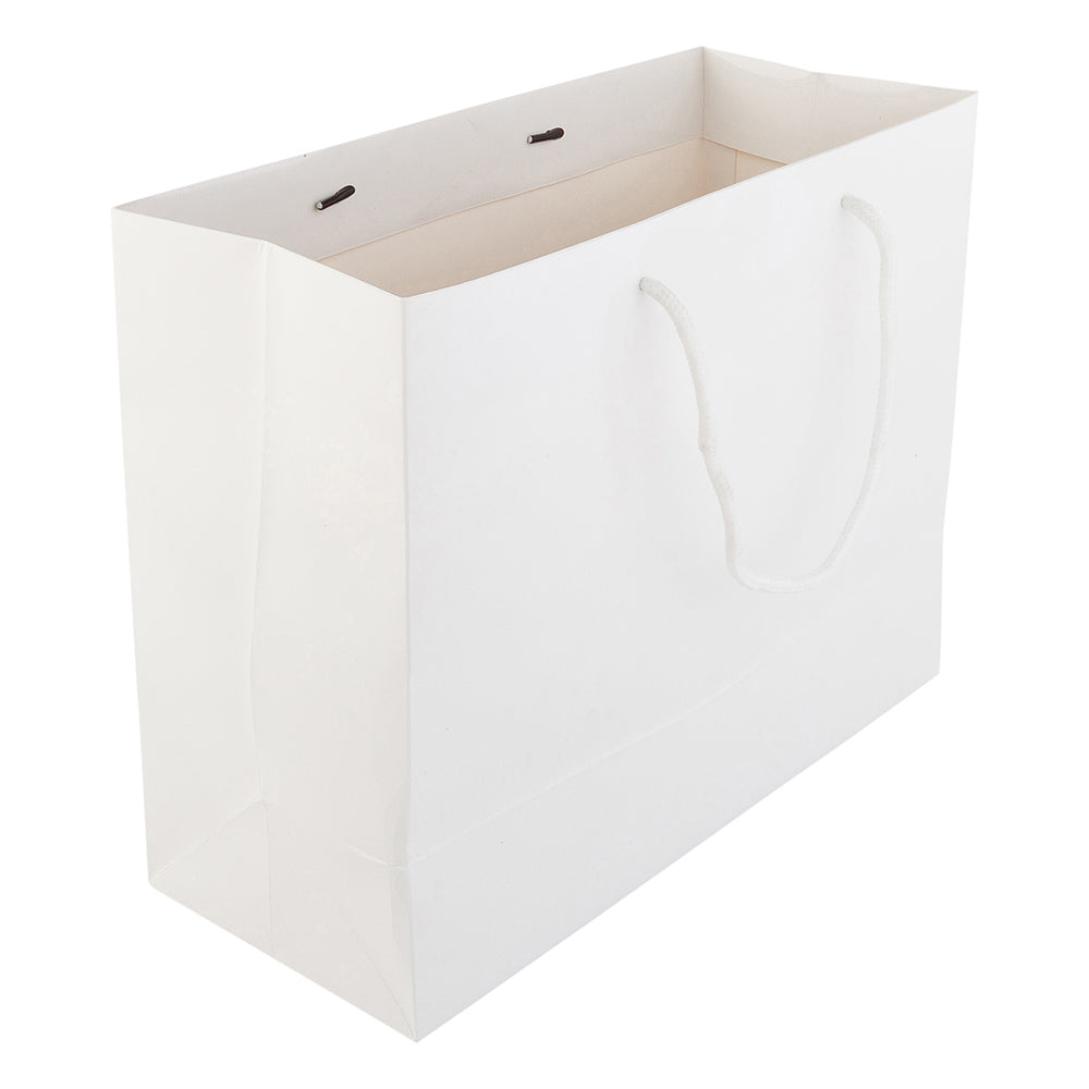 Rectangle White Paper Extra Large Shopping and Take Out Bag - Glossy, Rope Handles - 12 1/2" x 5" x 10" - 10 count box