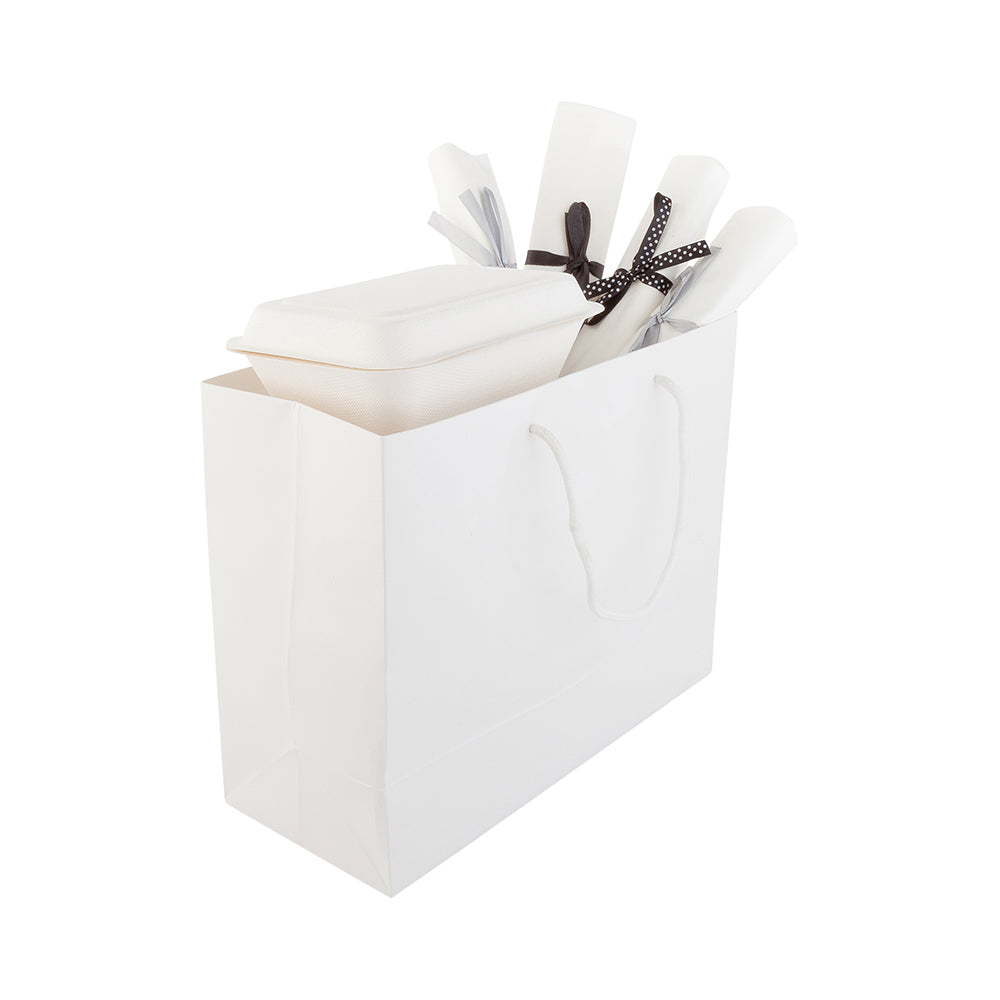 Rectangle White Paper Extra Large Shopping and Take Out Bag - Glossy, Rope Handles - 12 1/2" x 5" x 10" - 10 count box