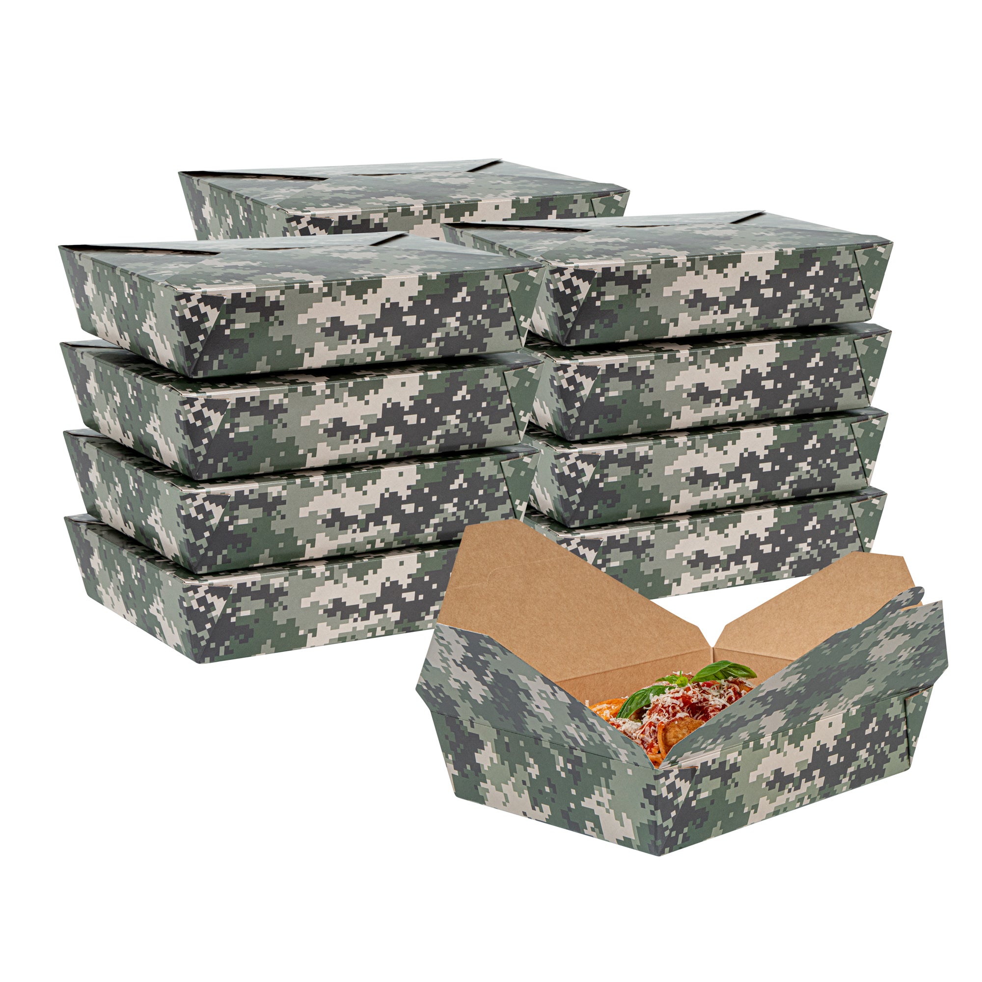 Bio Tek 49 oz Rectangle Camouflage Paper #2 Bio Box Take Out Container - 8 1/2" x 6 1/4" x 2" - 200 count box