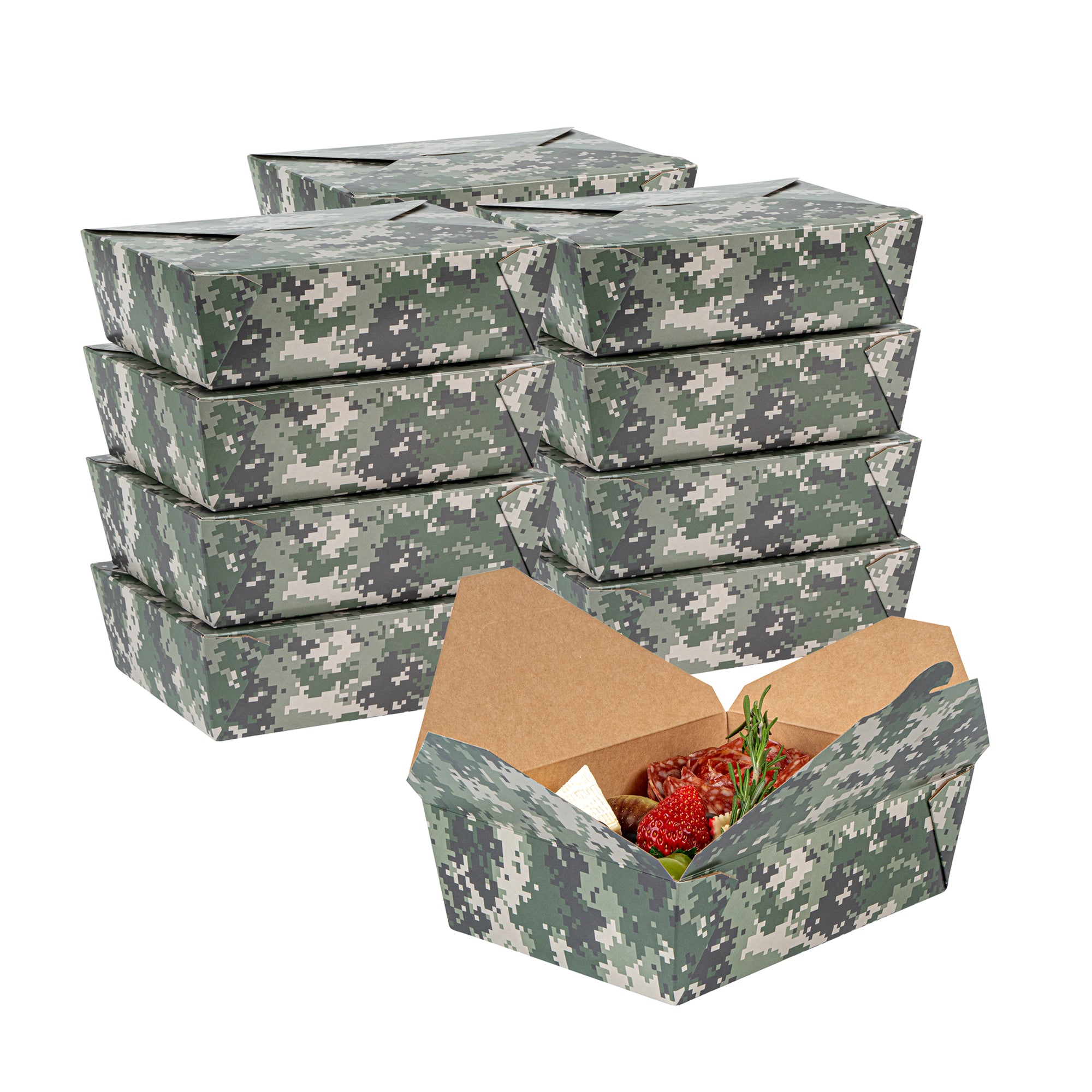 Bio Tek 71 oz Rectangle Camouflage Paper #3 Bio Box Take Out Container - 8 1/2" x 6 1/4" x 2 1/2" - 200 count box