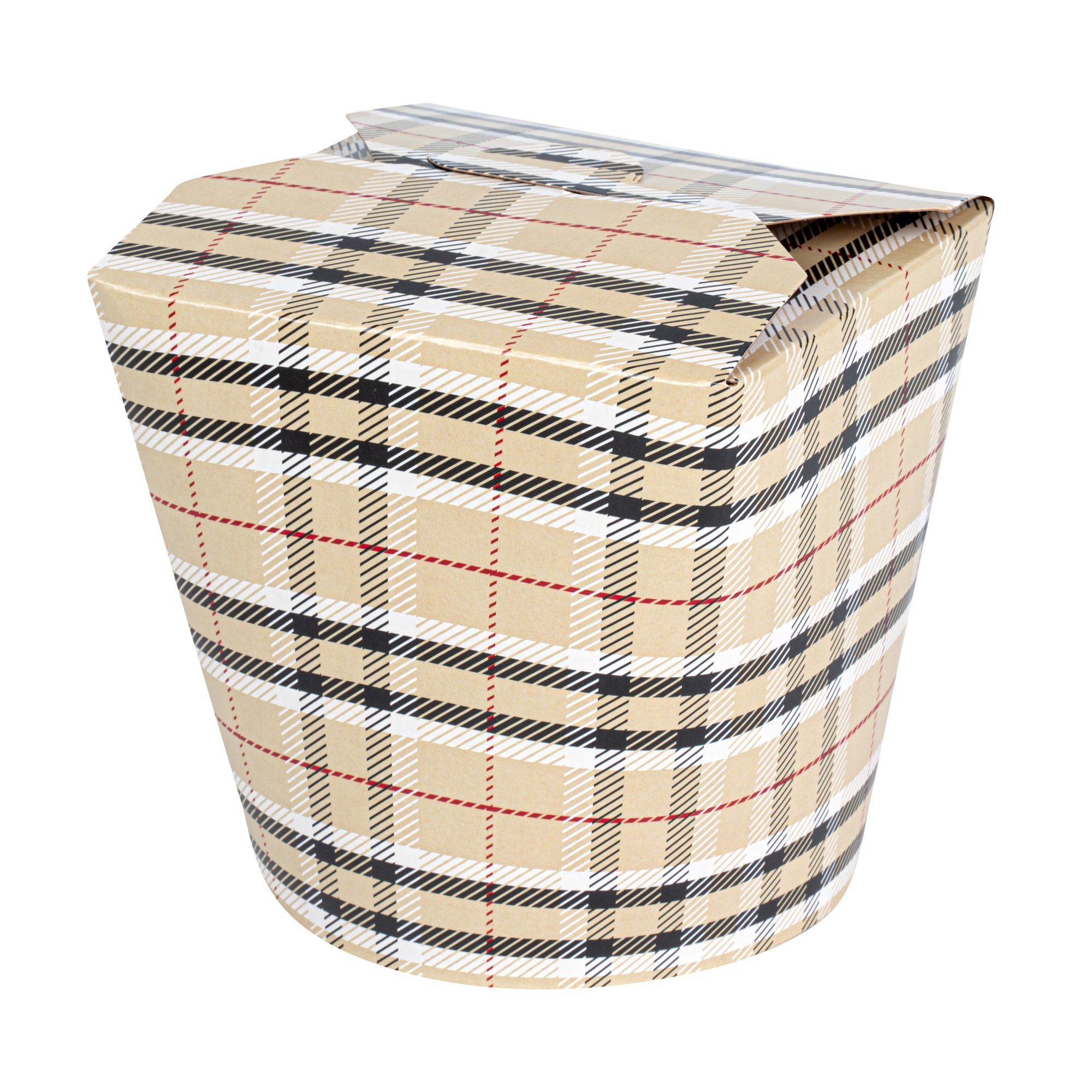 Bio Tek 26 oz Round Plaid Paper Noodle Take Out Container - 4" x 3 1/2" x 3 3/4" - 200 count box