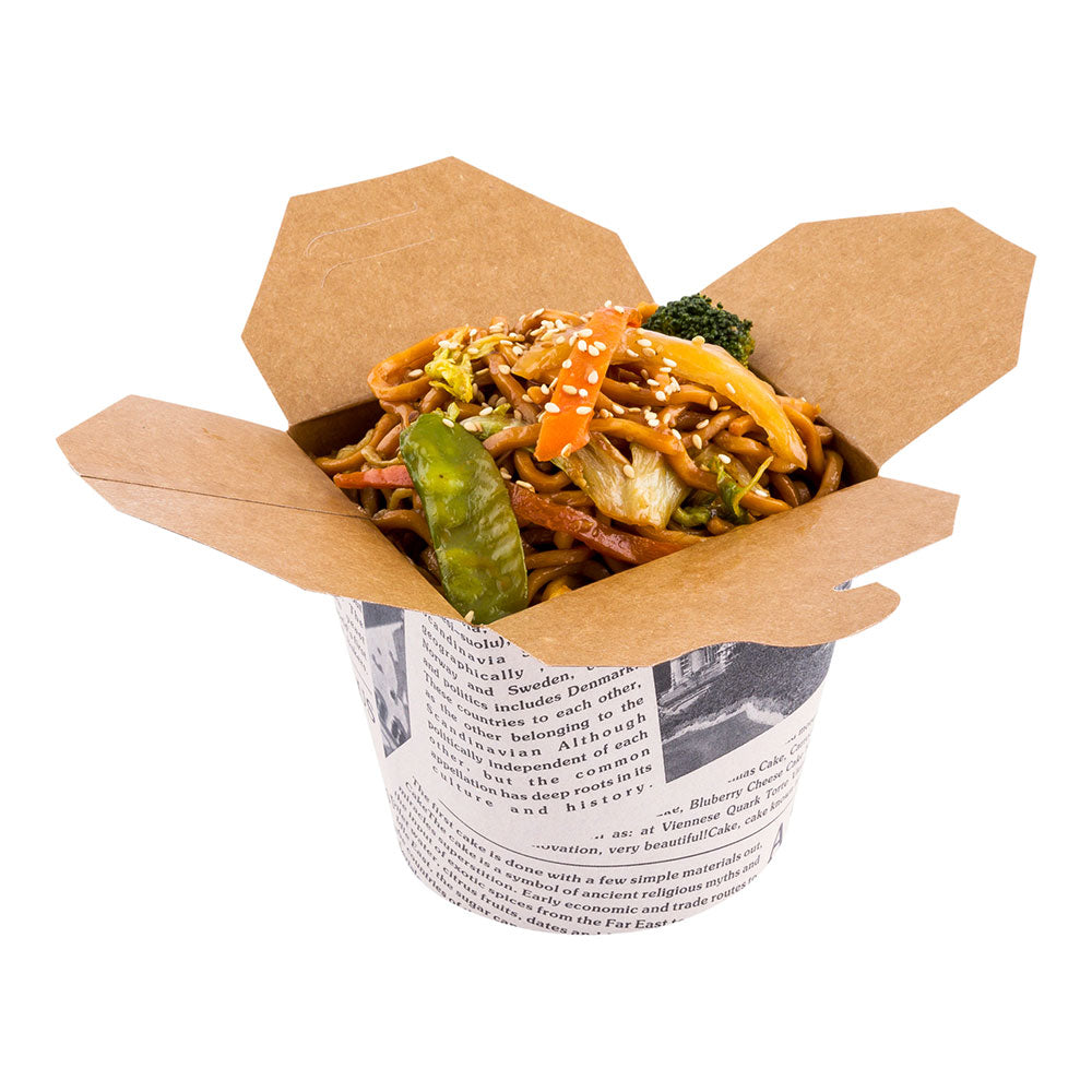 Bio Tek 26 oz Round Newsprint Paper Noodle Take Out Container - 4" x 3 1/2" x 3 3/4" - 200 count box