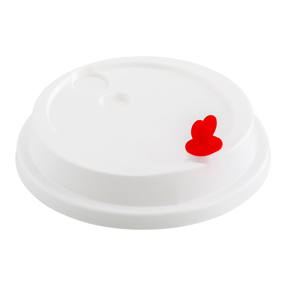 White Plastic Coffee Cup Lid - Fits 8, 12, 16 and 20 oz, with Red Heart Plug - 500 count box