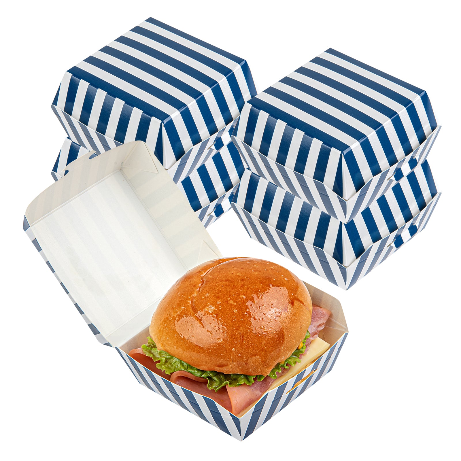 Blue and White Stripe Paper Mini Burger Box - 2 3/4" x 2 3/4" x 2" - 100 count box