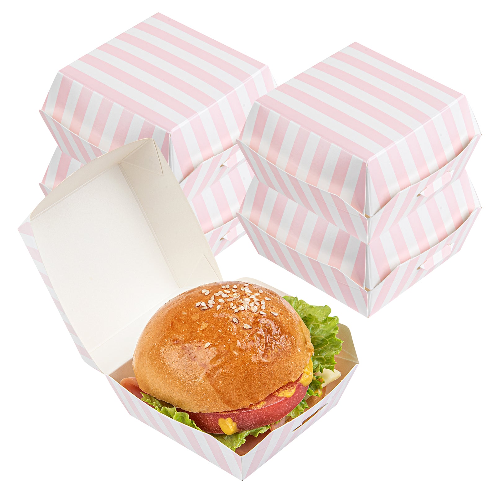 Pink and White Stripe Paper Mini Burger Box - 2 3/4" x 2 3/4" x 2" - 100 count box