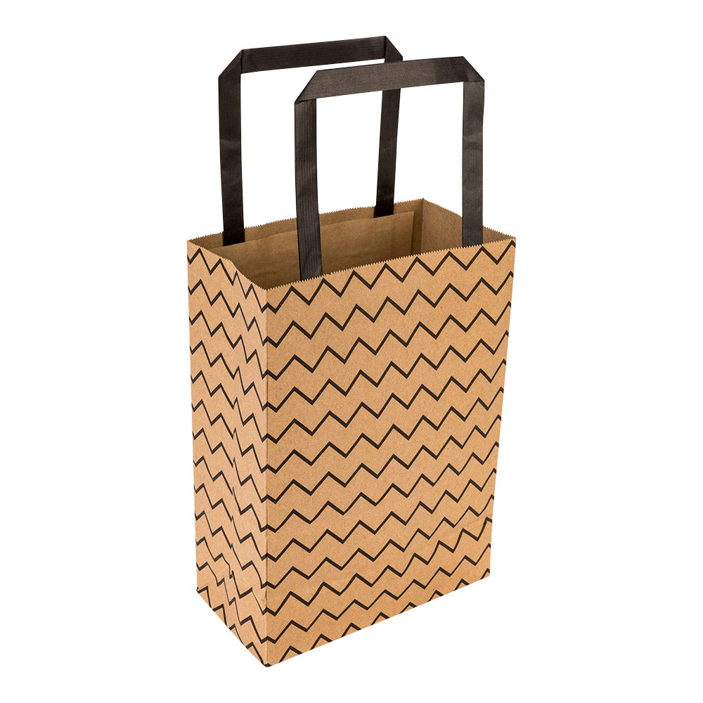 Saving Nature Kraft Paper Small Retail Bag - Black Zig Zag, with Handles - 6" x 3 1/4" x 8 1/4" - 100 count box