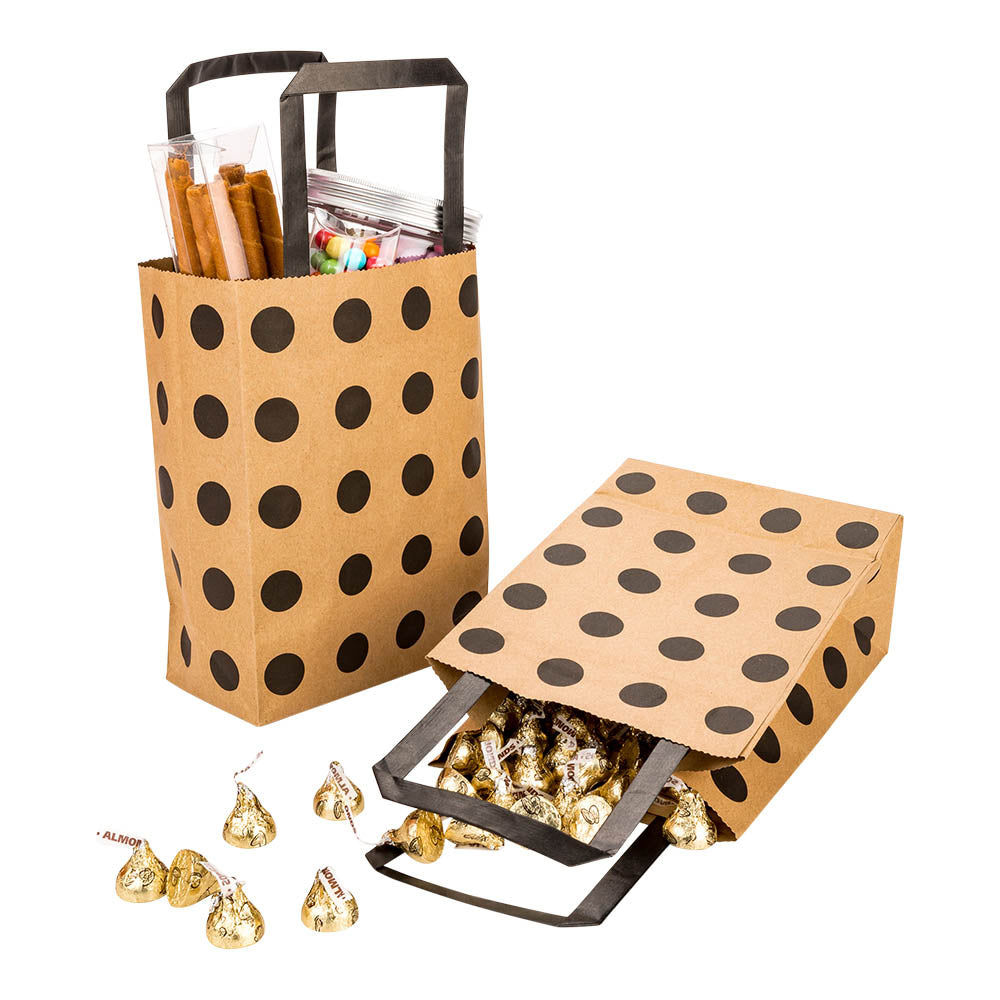 Saving Nature Kraft Paper Small Retail Bag - Black Polka Dot, with Handles - 6" x 3 1/4" x 8 1/4" - 100 count box