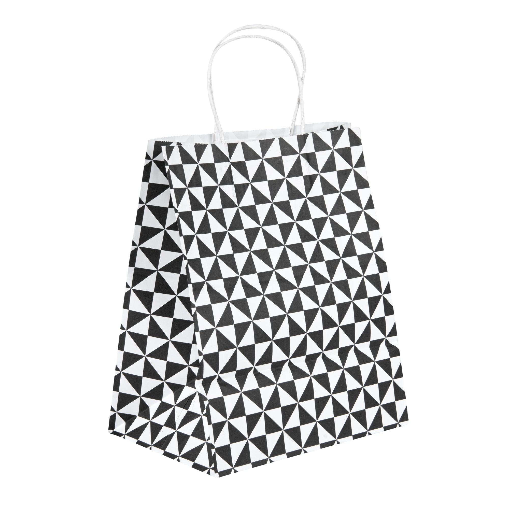 Vogue White Paper Medium Shopping Bag - Black Geo Print, with Handles - 10" x 6 3/4" x 12" - 100 count box