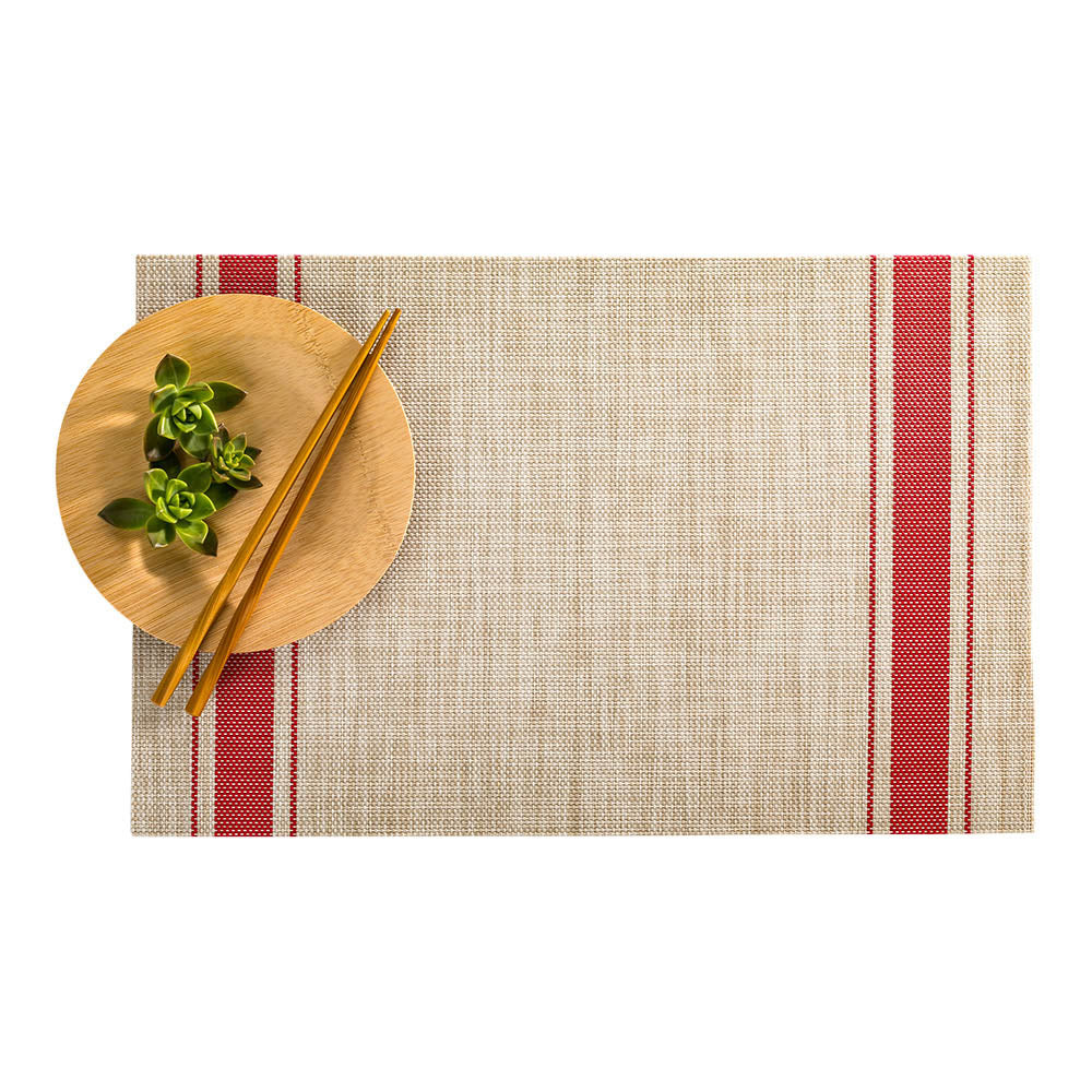 French Countryside Khaki Vinyl Woven Placemat - with Red Stripe - 16" x 12" - 6 count box