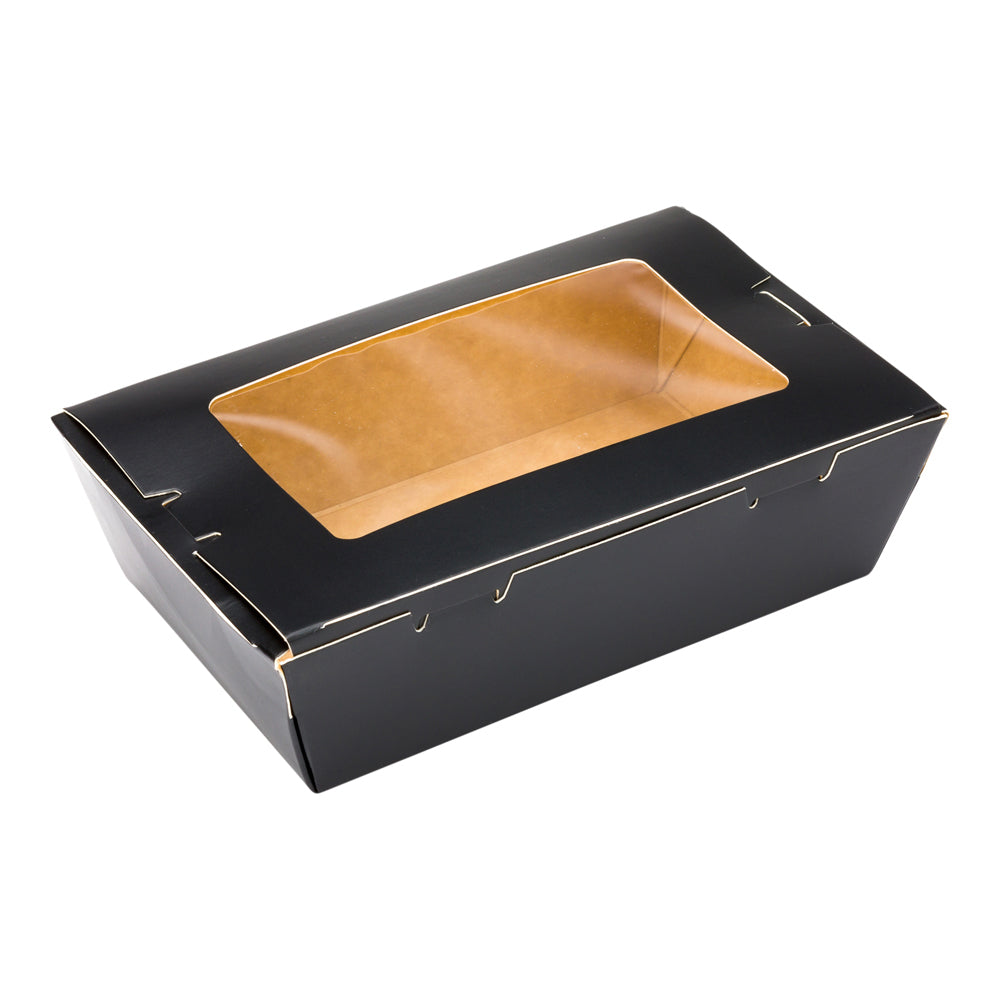 Cafe Vision 21 oz Black Paper Small Take Out Container - Hinge Lock - 6 1/4" x 4" x 1 3/4" - 200 count box