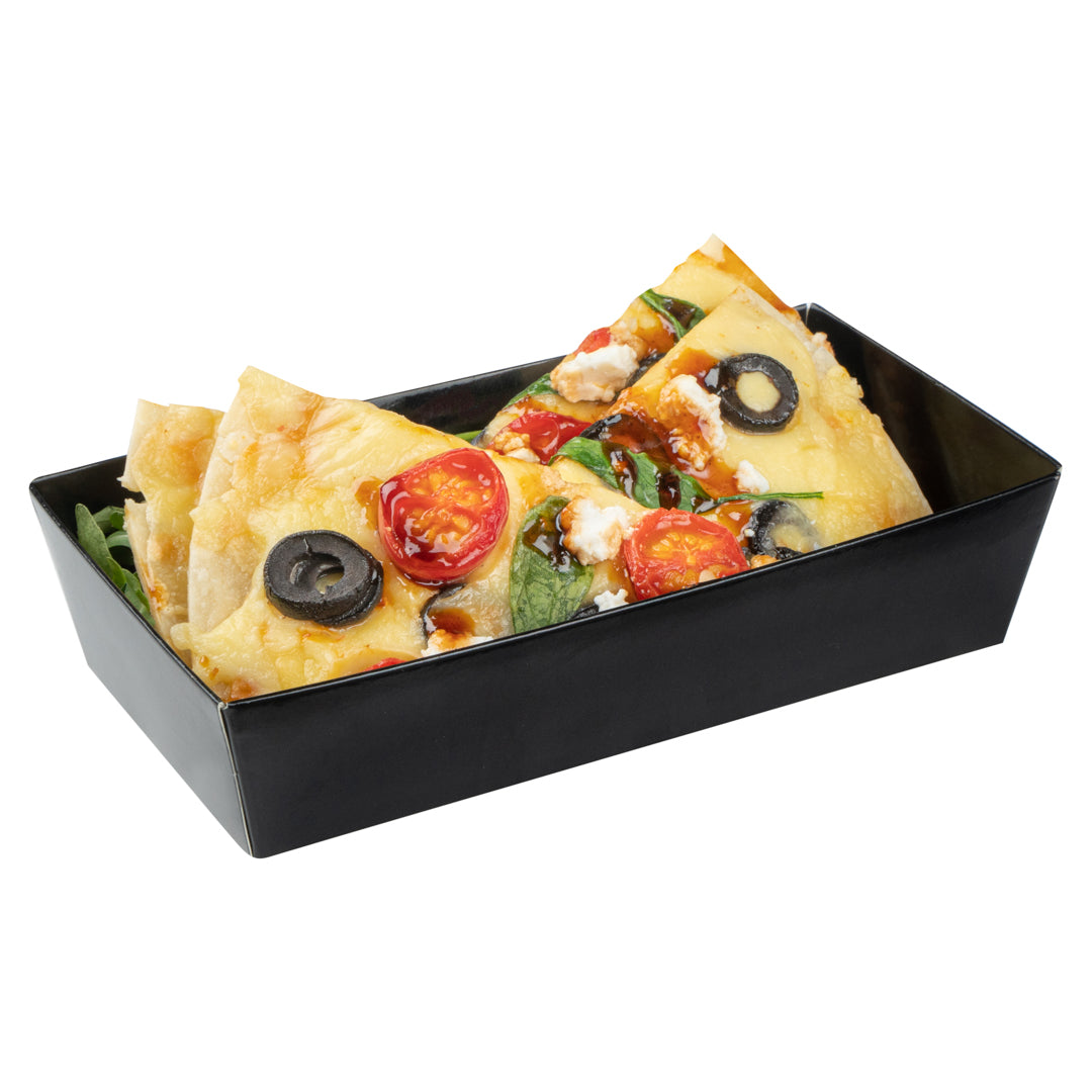 Matsuri Vision Rectangle Black Paper Medium Sushi Container - 5 1/2" x 2 3/4" x 1 1/2" - 100 count box