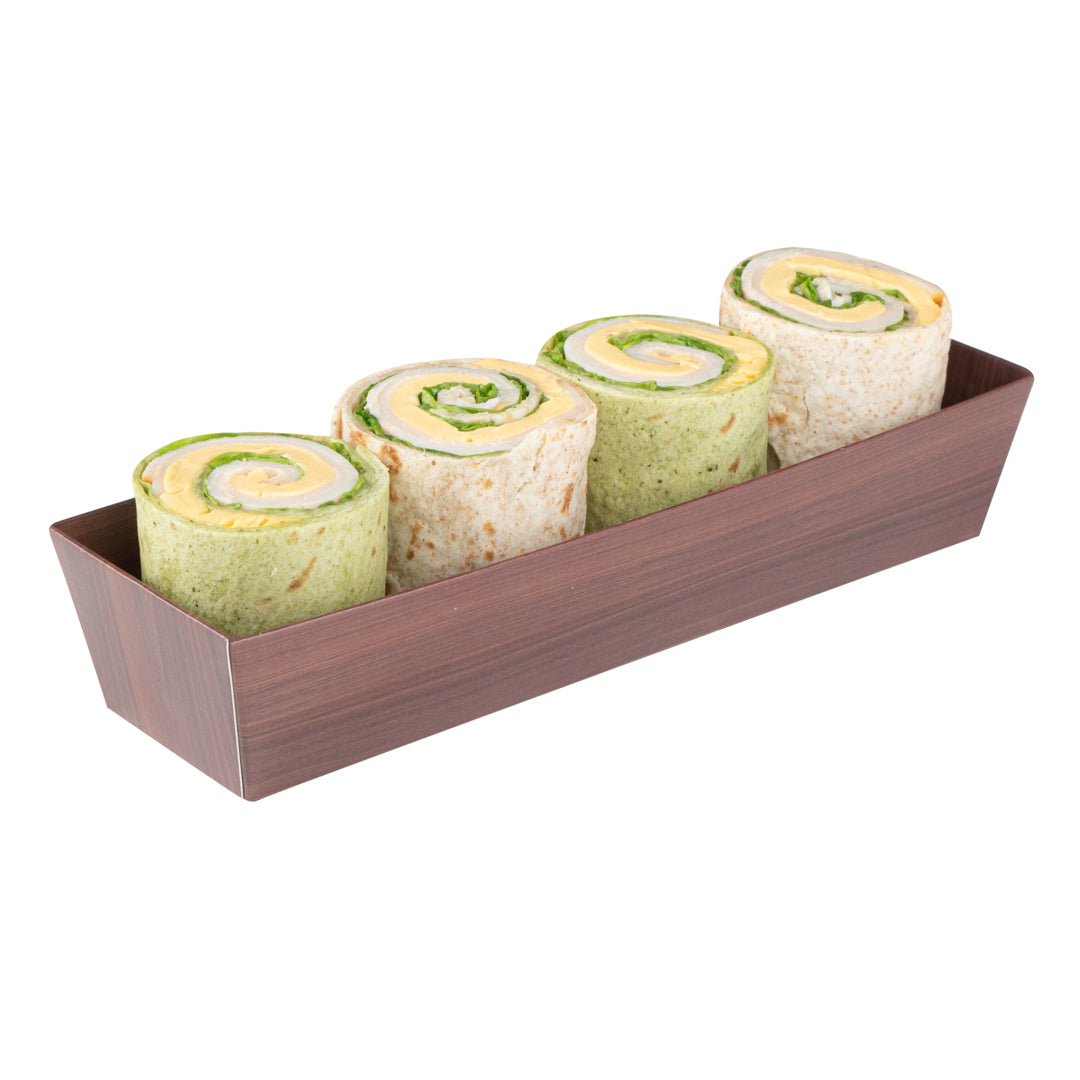 Matsuri Vision Wood Grain Paper Small Maki Sushi Container - 6 1/2" x 1 3/4" x 1 1/2" - 100 count box