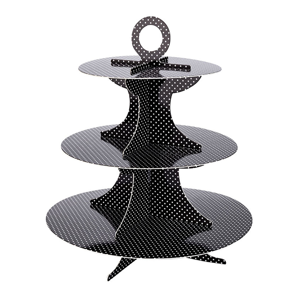 Pastry Tek Black Cardboard Cupcake Stand - 3-Tier, White Polka Dots - 13 1/2" x 13 1/2" x 14" - 1 count box