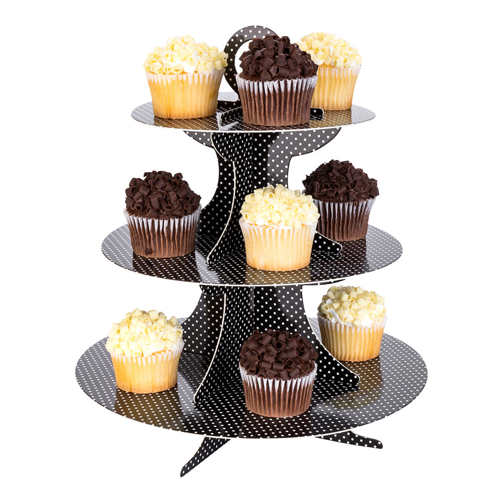 Pastry Tek Black Cardboard Cupcake Stand - 3-Tier, White Polka Dots - 13 1/2" x 13 1/2" x 14" - 1 count box