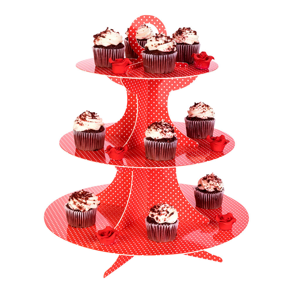 Pastry Tek Red Cardboard Cupcake Stand - 3 Tier, White Polka Dots - 13 1/2" x 13 1/2" x 14" - 1 count box