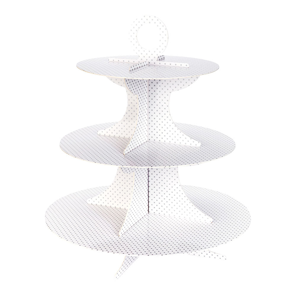 Pastry Tek White Cardboard Cupcake Stand - 3-Tier, Gray Polka Dot - 13 1/2" x 13 1/2" x 14" - 1 count box