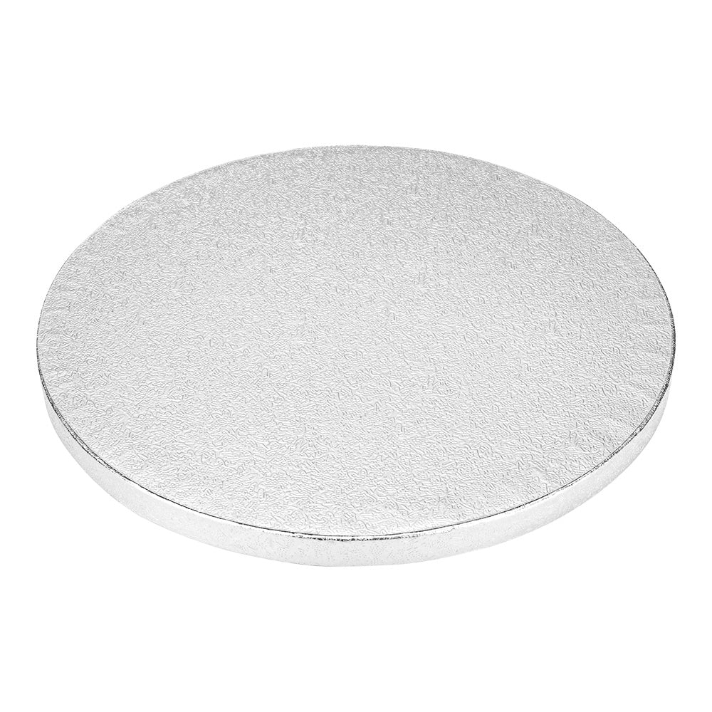 Pastry Tek Round Metallic Silver Cardboard Cake Drum Board - Covered Edge - 8" x 8" x 1/2" - 1 count box