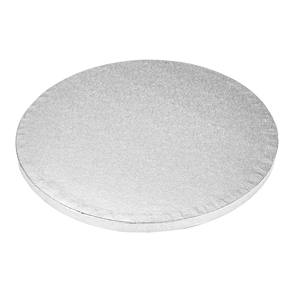 Pastry Tek Round Metallic Silver Cardboard Cake Drum Board - Covered Edge - 10" x 10" x 1/2" - 1 count box