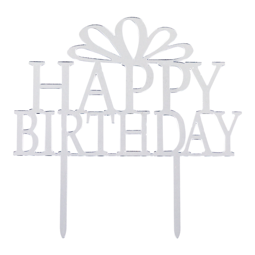 Top Cake Silver Acrylic Happy Birthday Cake Topper - Mirrored - 6" x 5 3/4" - 1 count box