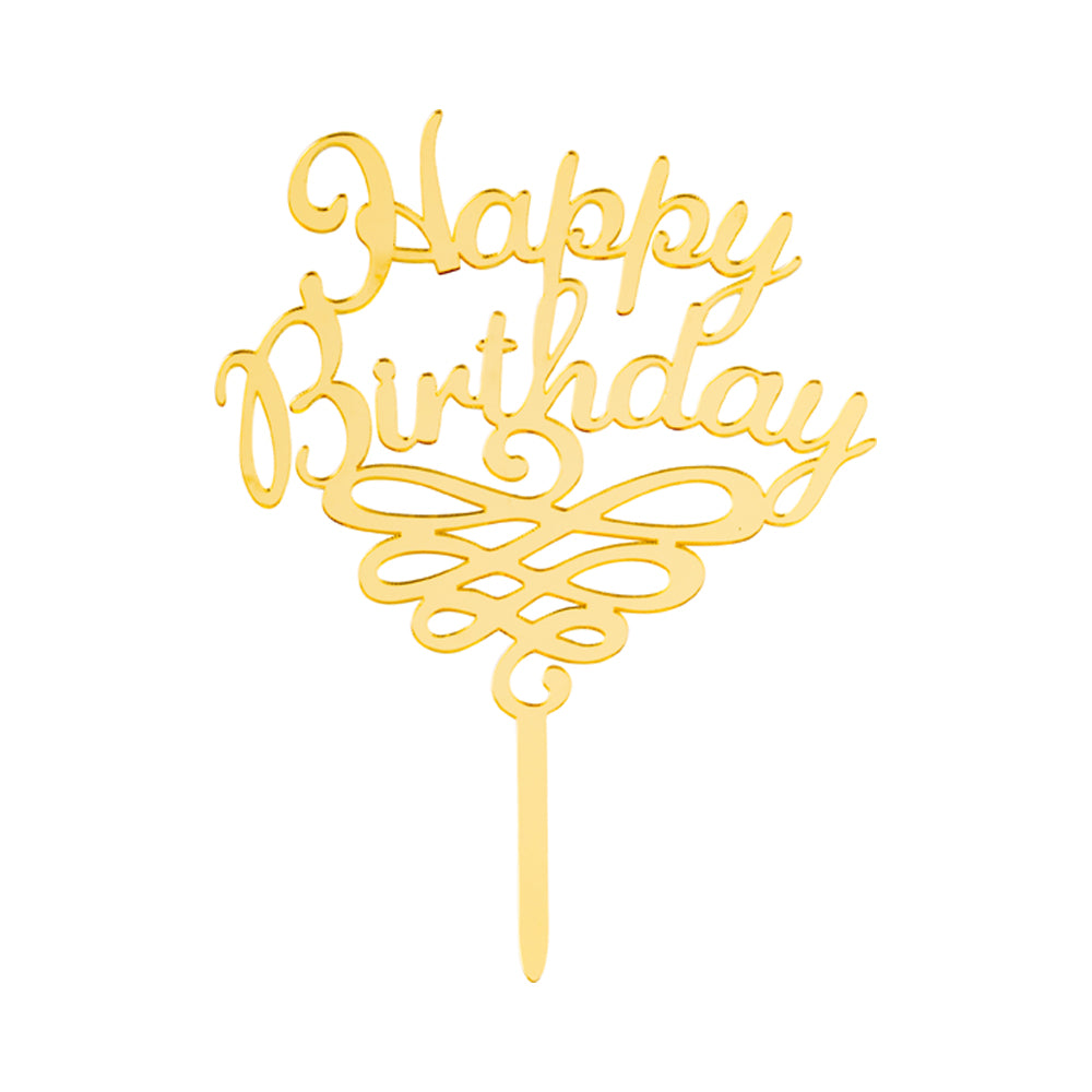 Top Cake Gold Acrylic Happy Birthday Cake Topper - Mirrored, Swirls - 6 1/2" x 5" - 1 count box