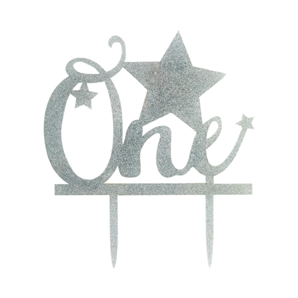 Top Cake Silver Acrylic One Cake Topper - Glitter Stars - 6 1/2" x 5" - 1 count box