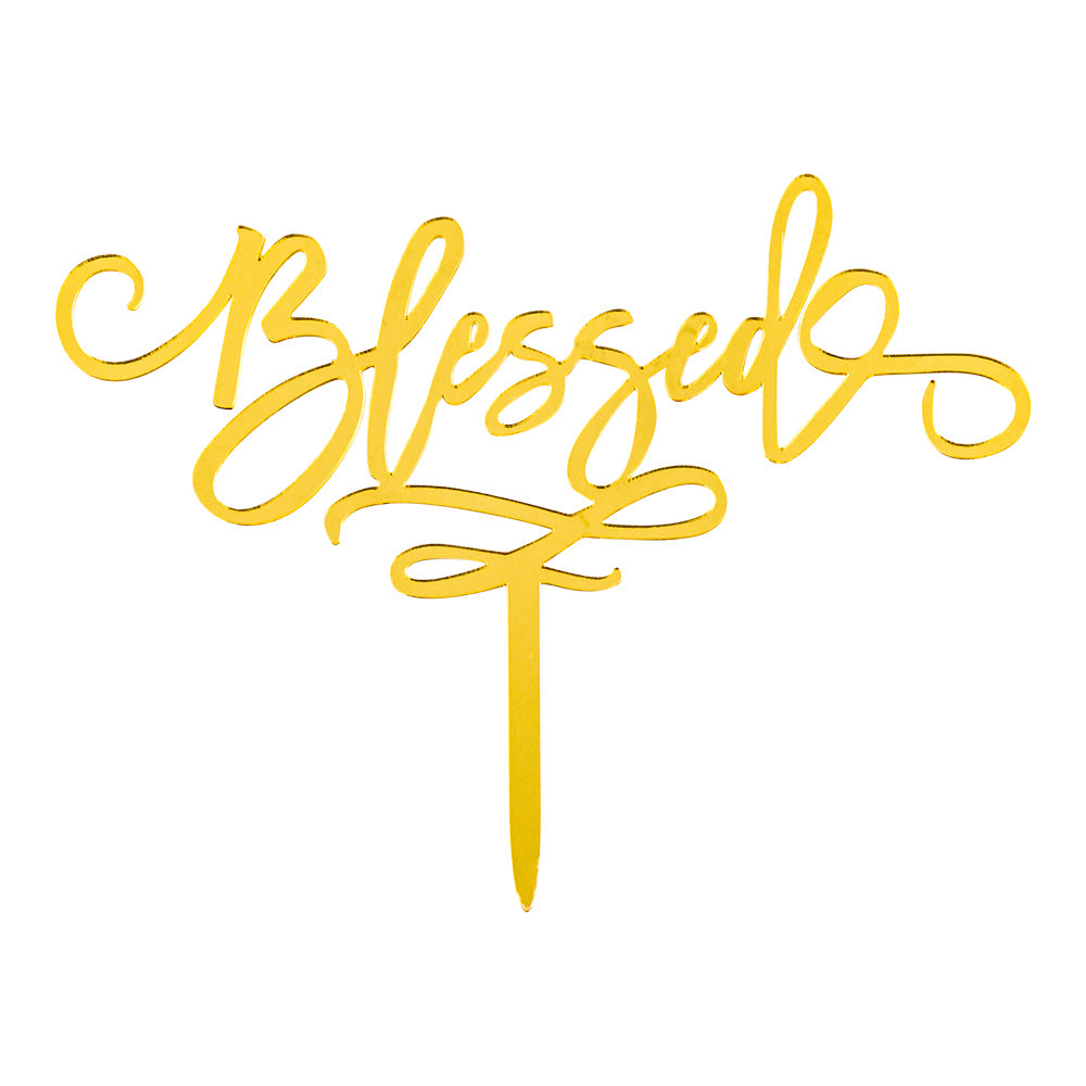 Top Cake Mirrored Gold Acrylic Blessed Cake Topper - 6" x 5" - 1 count box