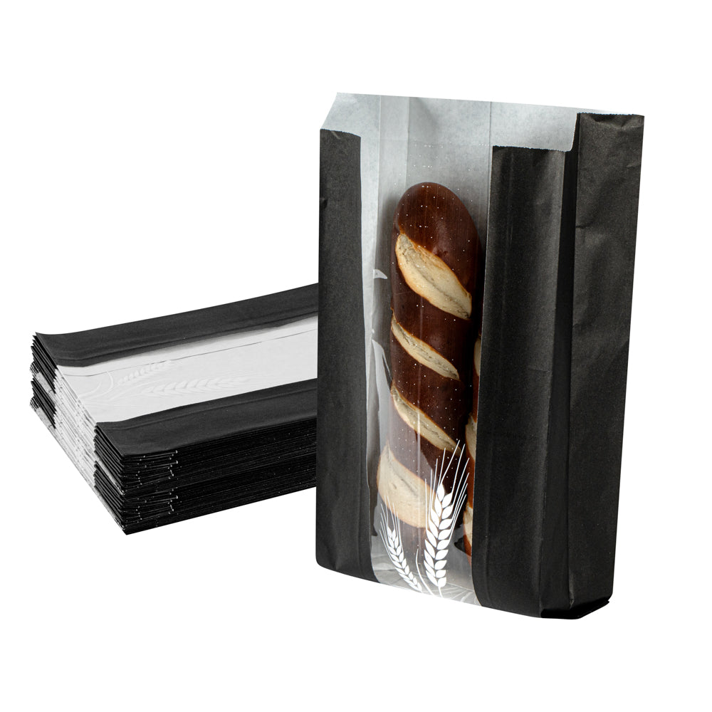 Bag Tek Black Paper Bread Bag - Micro-Perforated, Greaseproof, Wheat Pattern - 5 3/4" x 2 3/4" x 11 1/2" - 100 count box