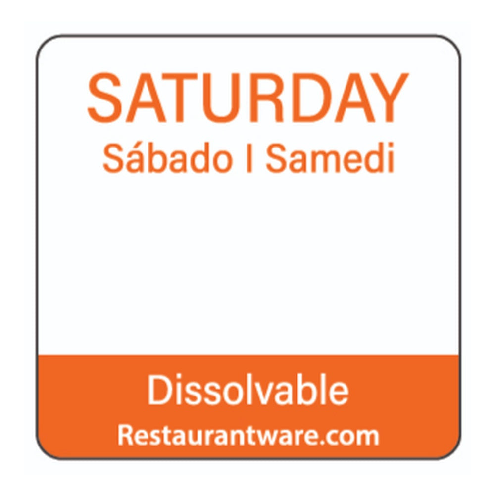 RW Smart Orange Paper Weekly Saturday Food Rotation Label - Dissolvable, Trilingual - 1" x 1" - 500 count roll