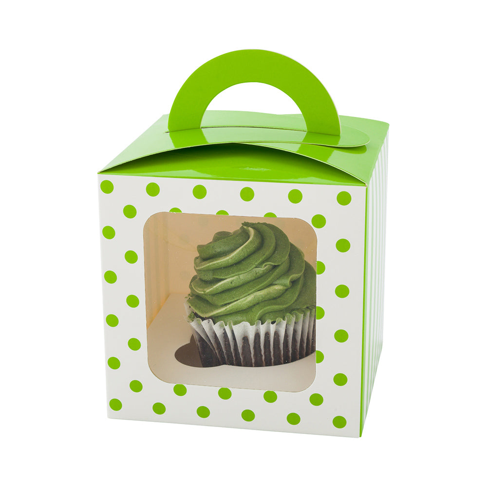 Pastry Tek Square Green Paper Cupcake Window Box - Polka Dot, Fits 1 - 4 1/2" x 4 1/2" x 4 1/2" - 100 count box