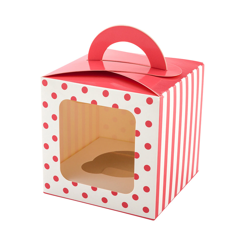 Pastry Tek Square Pink Paper Cupcake Window Box - Polka Dots, Fits 1 - 4 1/2" x 4 1/2" x 4 1/2" - 100 count box