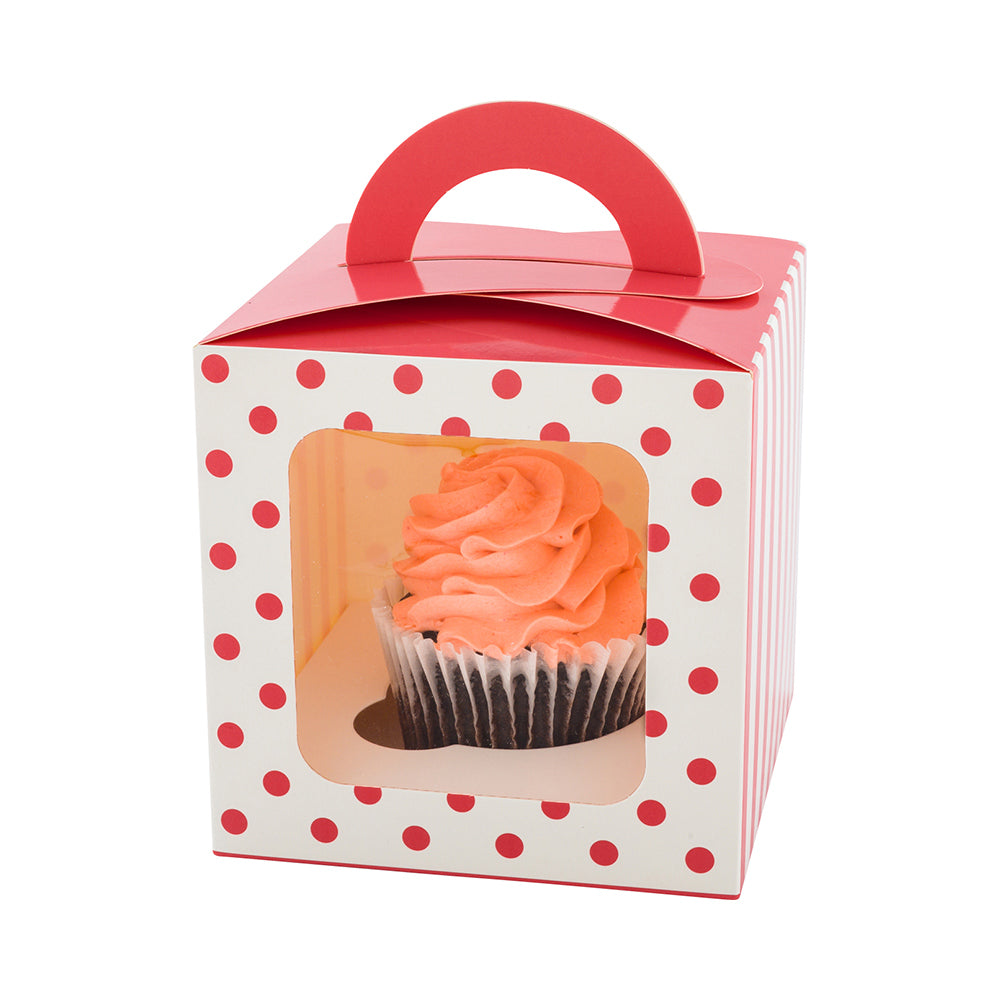 Pastry Tek Square Pink Paper Cupcake Window Box - Polka Dots, Fits 1 - 4 1/2" x 4 1/2" x 4 1/2" - 100 count box