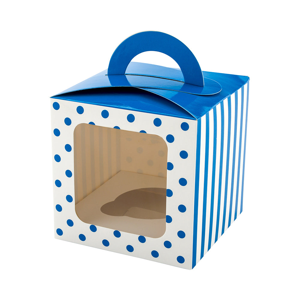 Pastry Tek Square Blue Paper Cupcake Window Box - Polka Dots, Fits 1 - 4 1/2" x 4 1/2" x 4 1/2" - 100 count box