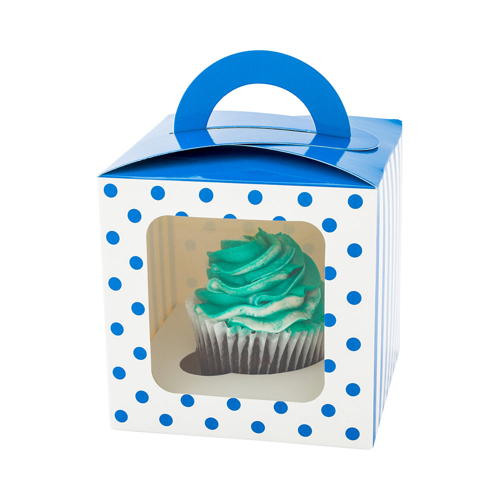 Pastry Tek Square Blue Paper Cupcake Window Box - Polka Dots, Fits 1 - 4 1/2" x 4 1/2" x 4 1/2" - 100 count box