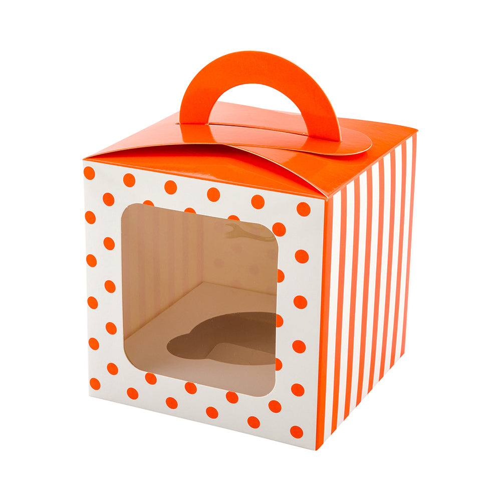 Pastry Tek Square Orange Paper Cupcake Window Box - Polka Dots, Fits 1 - 4 1/2" x 4 1/2" x 4 1/2" - 100 count box