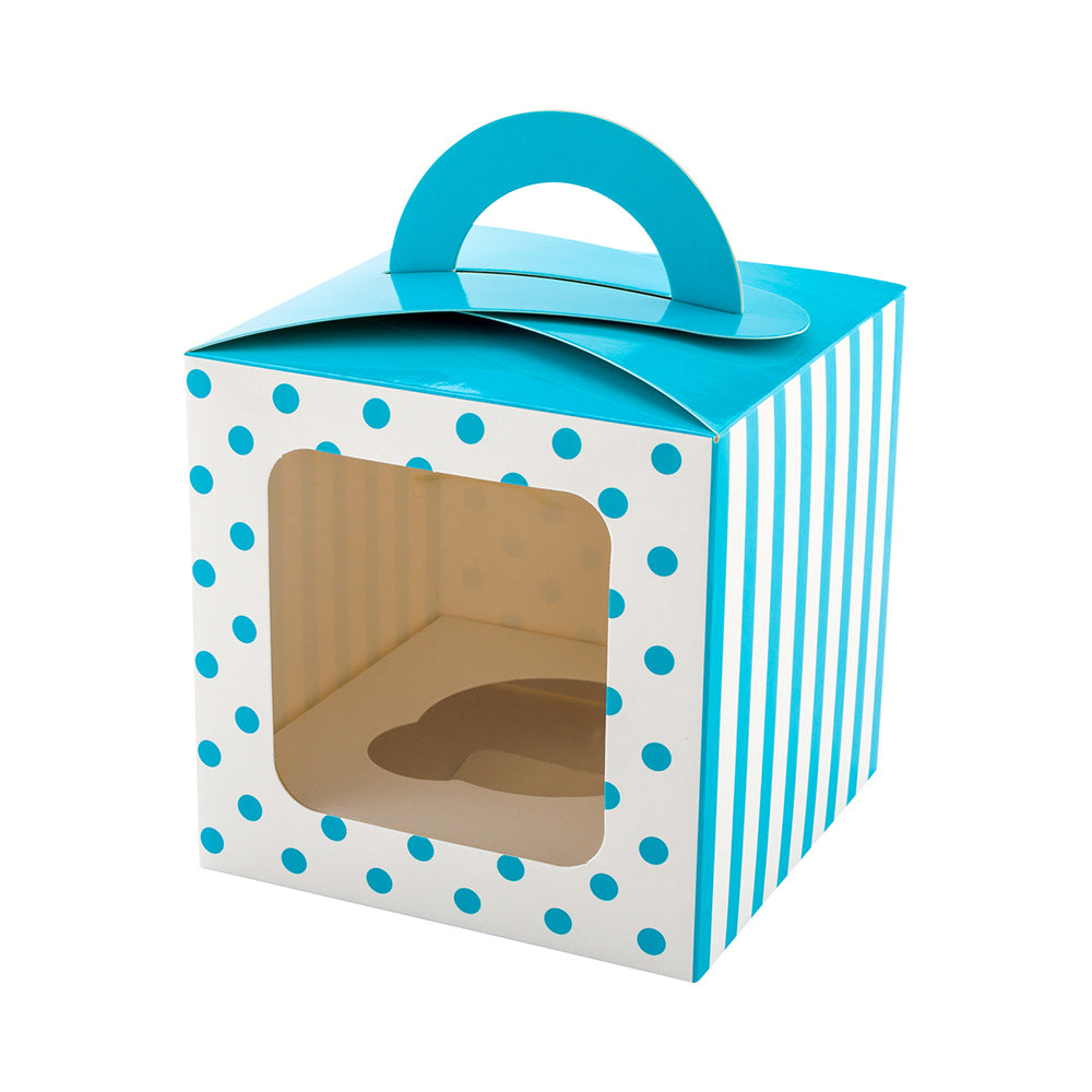 Pastry Tek Square Teal Paper Cupcake Window Box - Polka Dots, Fits 1 - 4 1/2" x 4 1/2" x 4 1/2" - 100 count box