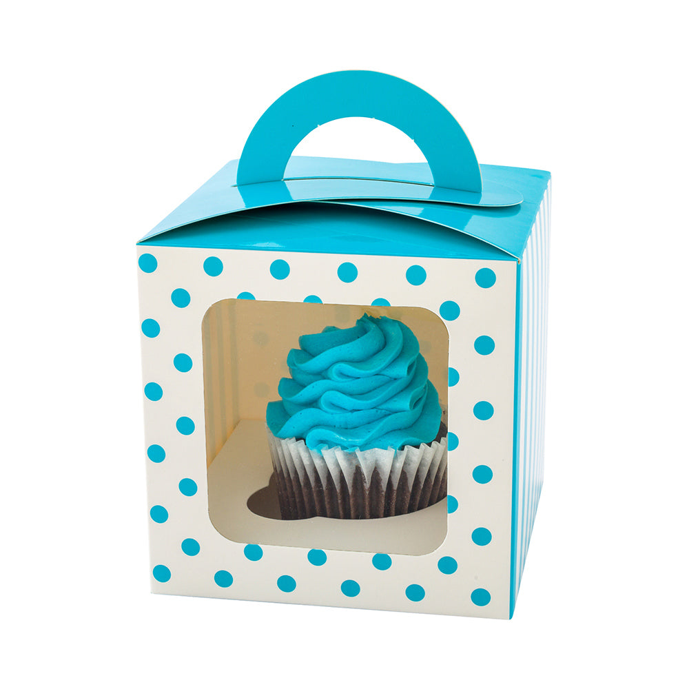 Pastry Tek Square Teal Paper Cupcake Window Box - Polka Dots, Fits 1 - 4 1/2" x 4 1/2" x 4 1/2" - 100 count box