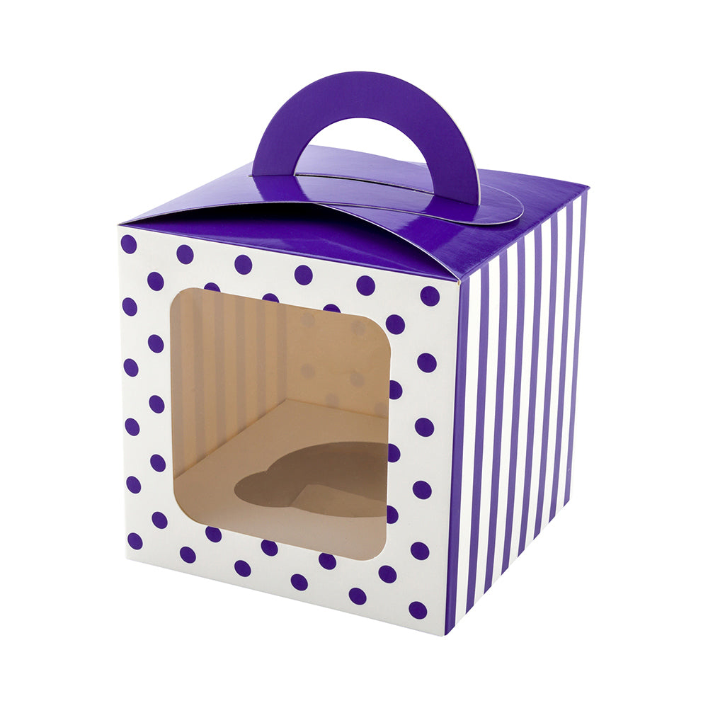 Pastry Tek Square Purple Paper Cupcake Window Box - Polka Dots, Fits 1 - 4 1/2" x 4 1/2" x 4 1/2" - 100 count box