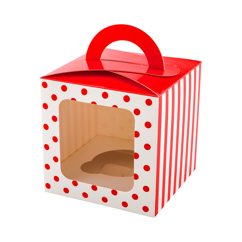 Pastry Tek Square Red Paper Cupcake Window Box - Polka Dots, Fits 1 - 4 1/2" x 4 1/2" x 4 1/2" - 100 count box