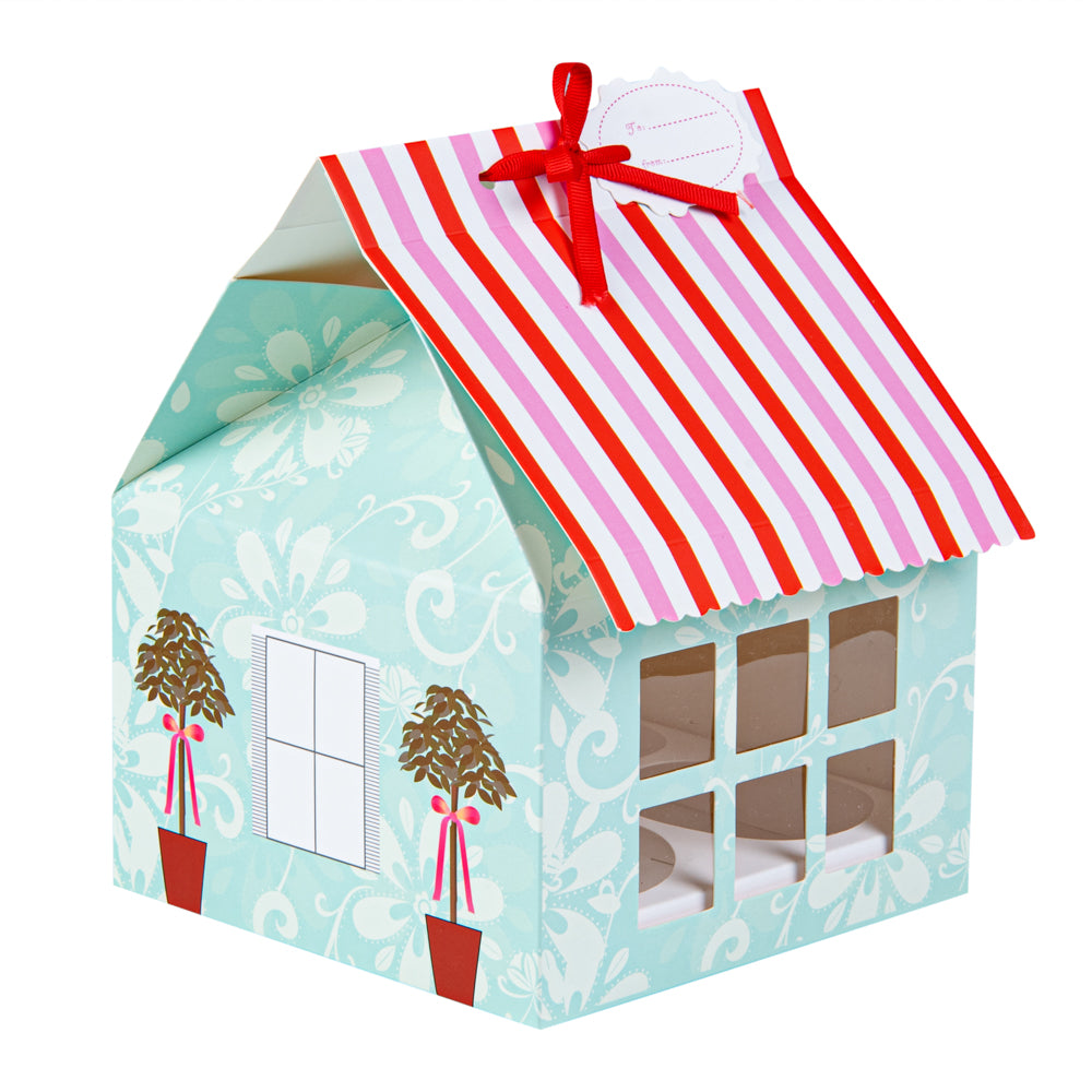 Pastry Tek Pink and Blue Paper Petite House Cupcake Window Gift Box - Fits 4 - 6" x 6" x 7 3/4" - 100 count box