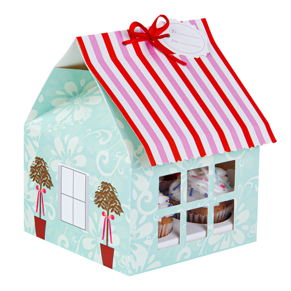 Pastry Tek Pink and Blue Paper Petite House Cupcake Window Gift Box - Fits 4 - 6" x 6" x 7 3/4" - 100 count box