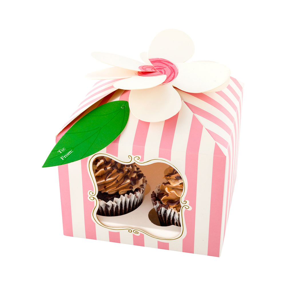 Pastry Tek Pink Paper Flower Top Cupcake Window Gift Box - Stripes, Fits 4 - 7" x 7" x 5" - 100 count box