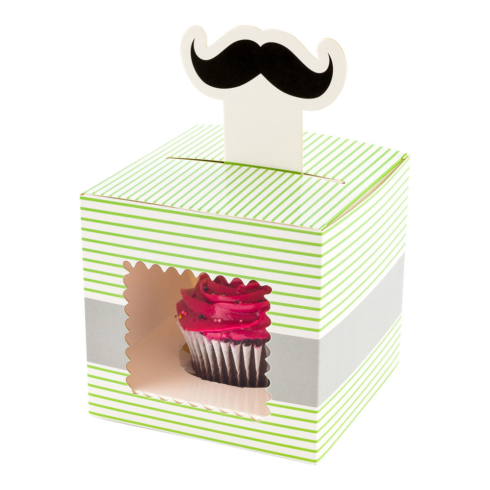 Pastry Tek Square Green Paper Moustache Cupcake Window Box - Gray Stripe, Fits 1 - 4" x 4" x 4" - 100 count box