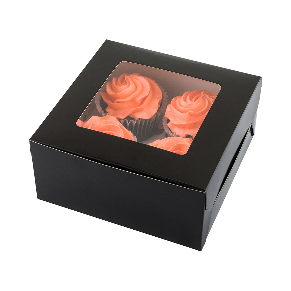 Cafe Vision Square Black Cupcake Window Box - Fits 4 - 6 1/4" x 6 1/4" x 3" - 100 count box