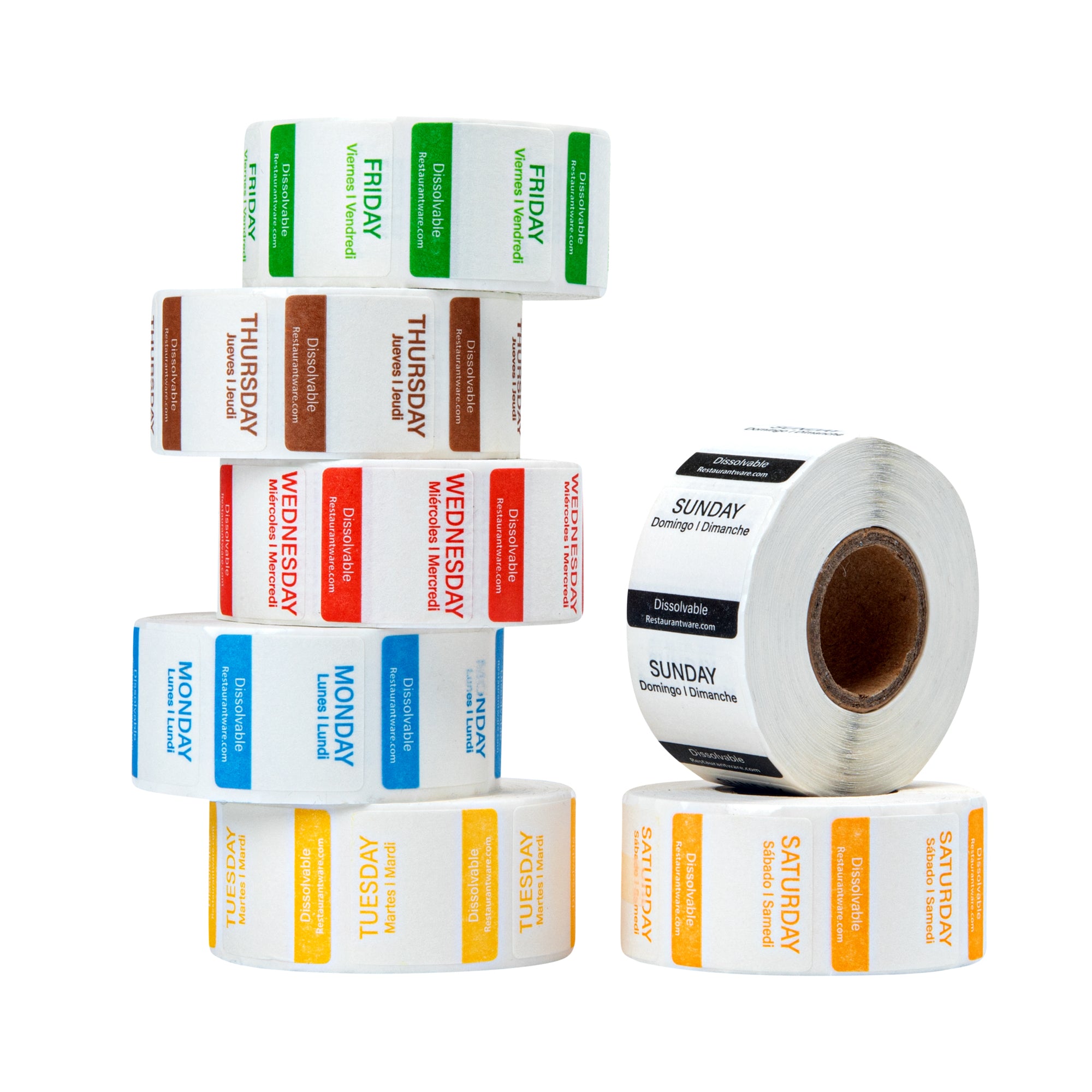 RW Smart 7-Day Weekly Food Rotation Label - Dissolvable, Trilingual - 1" x 1" - 3500 labels