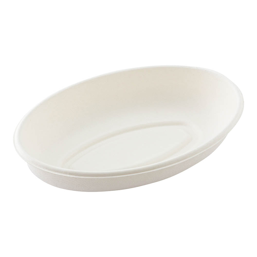 Pulp Tek 18 oz Oval White Sugarcane / Bagasse Salad Plate - 8" x 5 1/4" x 1 1/2" - 100 count box