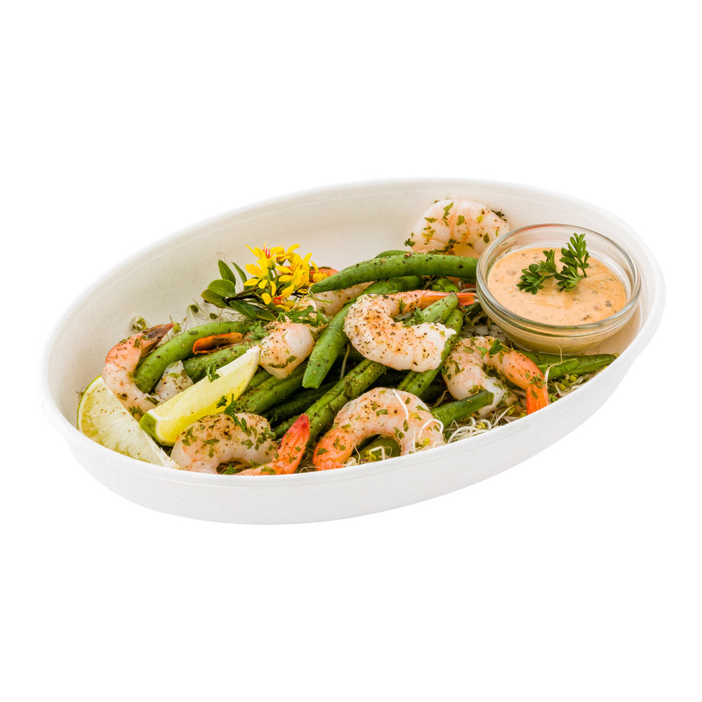 Pulp Tek 26 oz Oval White Sugarcane / Bagasse Salad Plate - 9 1/4" x 6" x 1 1/2" - 100 count box